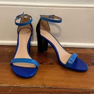 Stuart Weitzman Walkway Blue & Black Leather Block Heels Sandals Size 8 Spain